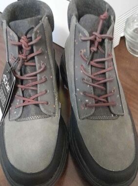 Hey Dude Men's Grey Suede Lace-Up Boots with Burgundy Laces